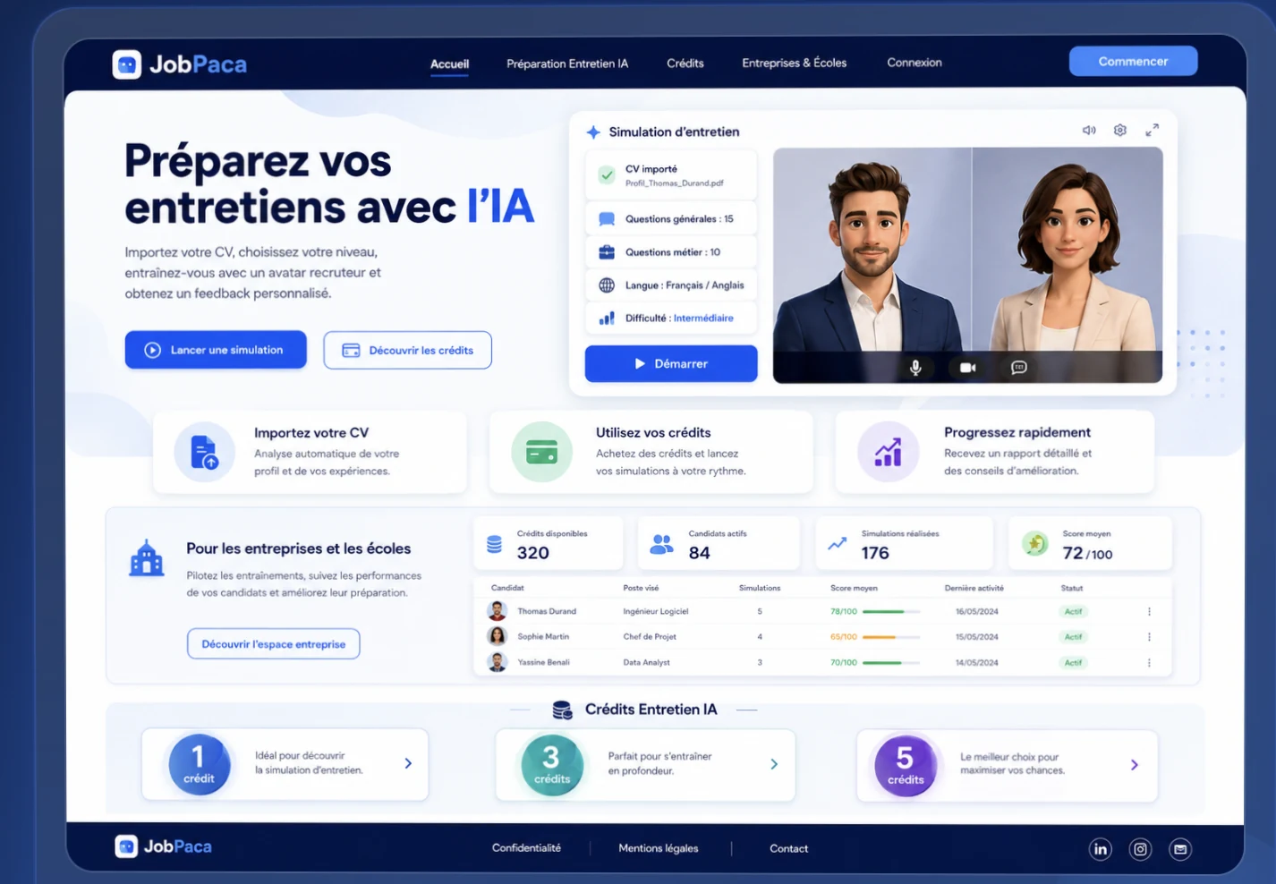 Aperçu de la plateforme Entretien IA : simulation d’entretien, import du CV, crédits et suivi des candidats